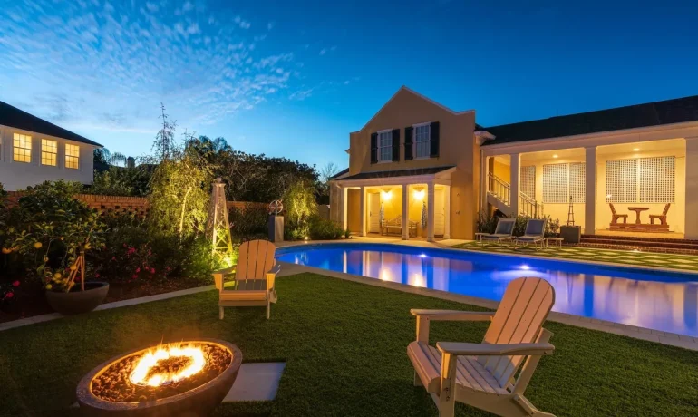 pool artificial turf chai seating fire pit paver patio planting